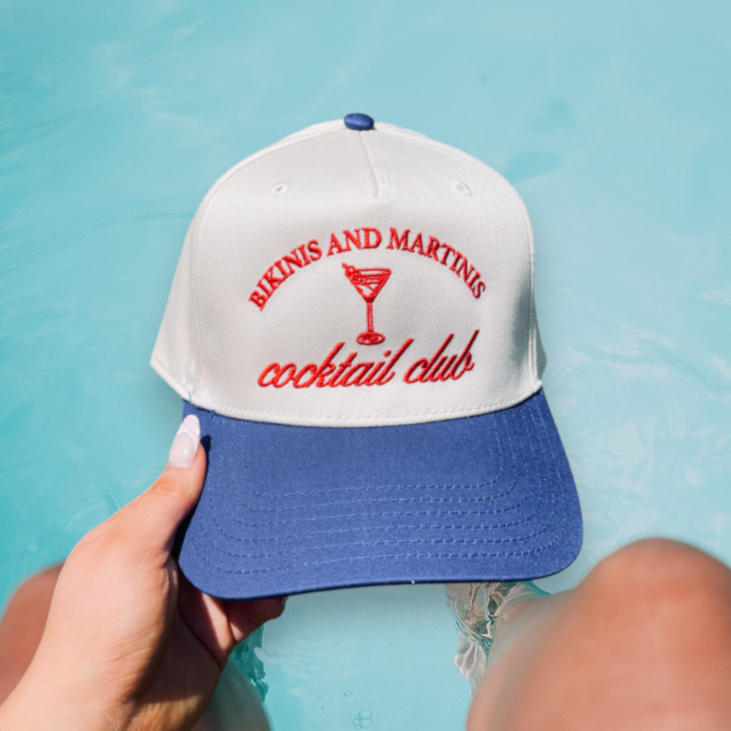 Bikinis and Martinis Cocktail Club Classic Trucker Hat | White/Royal
